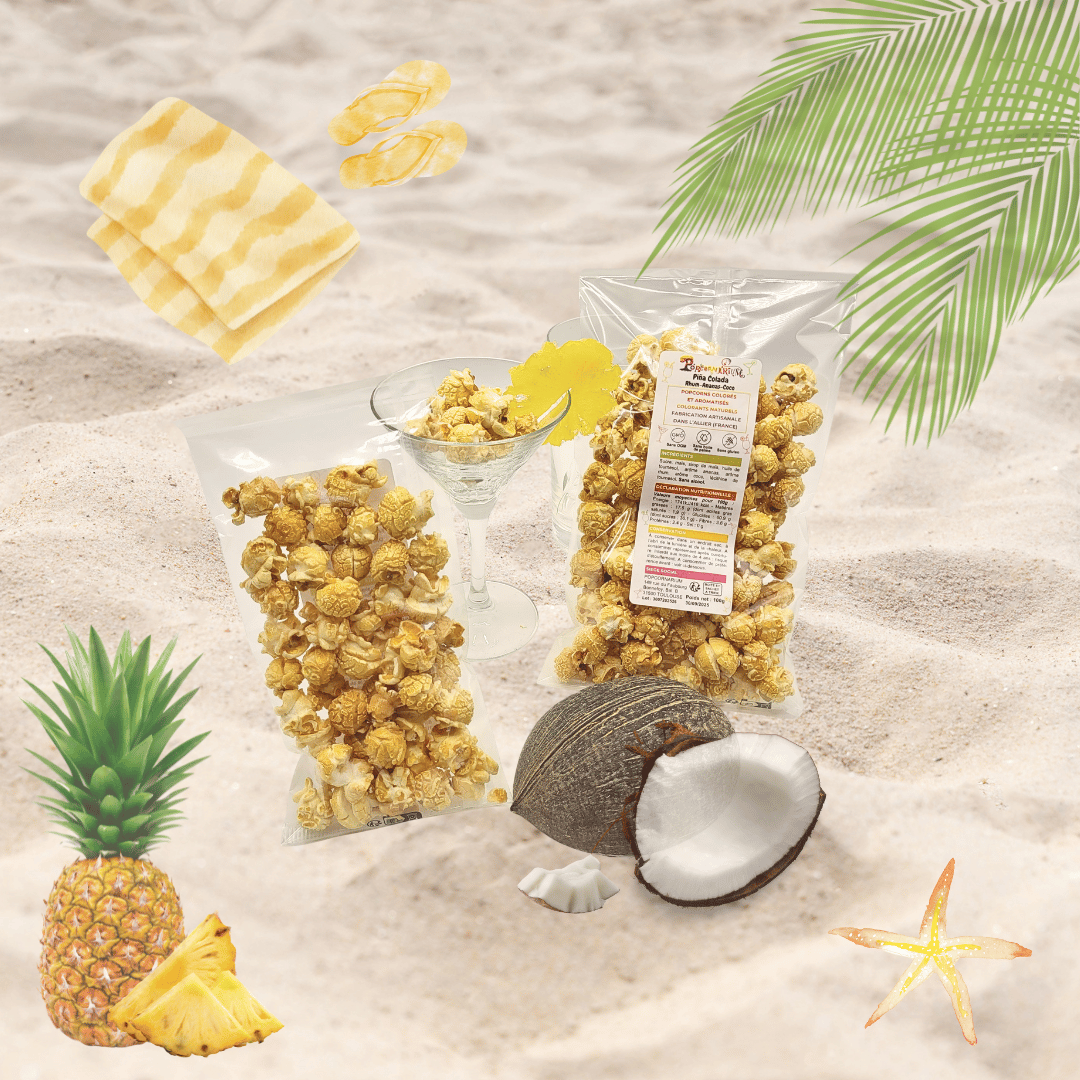 Popcorns colorés et aromatisés saveur pina colada - Popcornarium