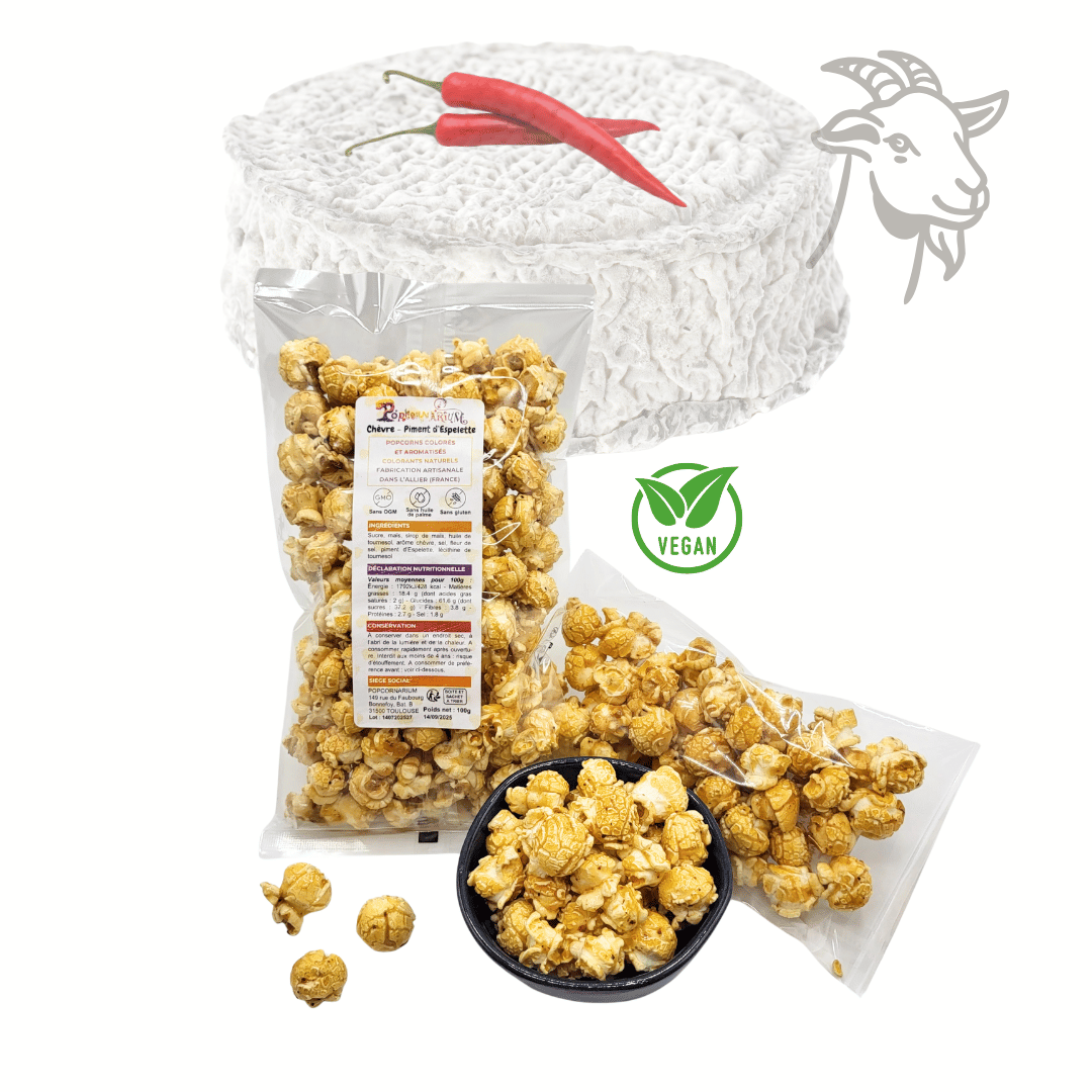 Popcorns colorés et aromatisés saveur chèvre-piment d'Espelette (édition limitée) 1 - Popcornarium