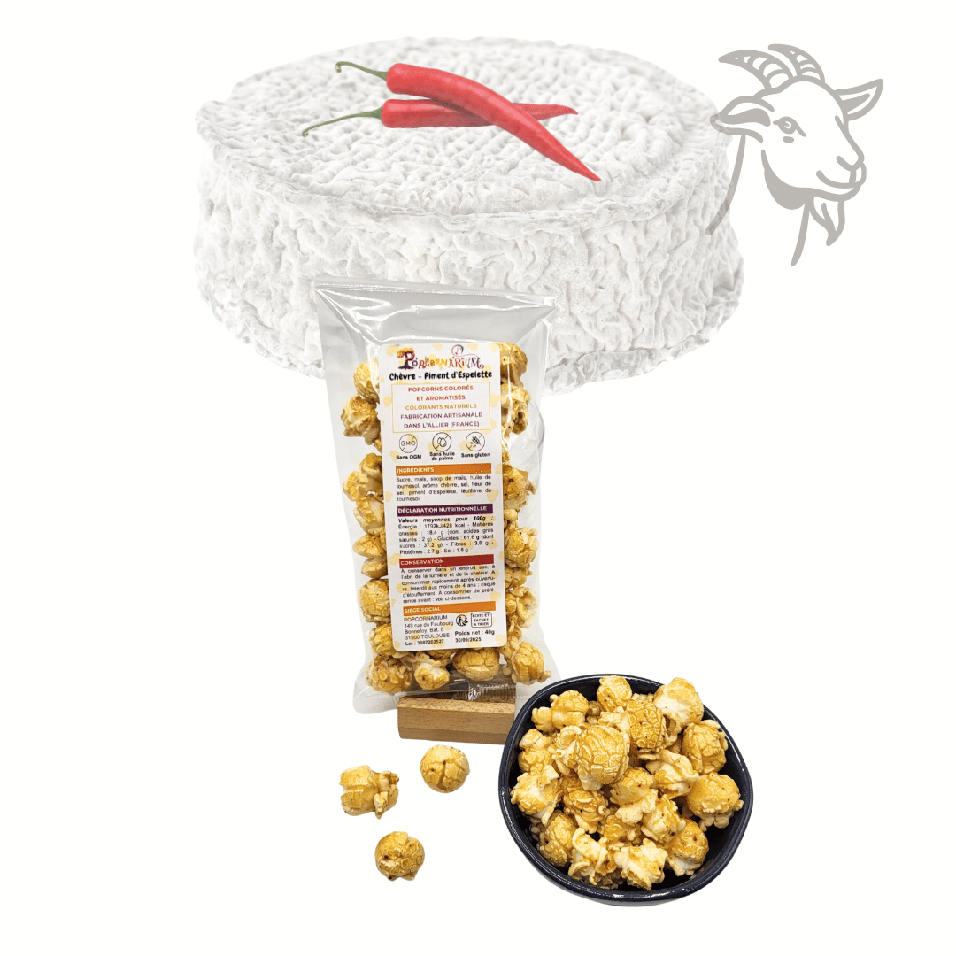 Popcorns colorés et aromatisés saveur chèvre-piment d'Espelette (édition limitée) 2 - Popcornarium
